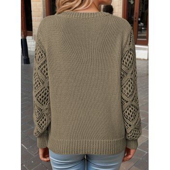 Solid Color Knitted Sweater Hollow Out V Neck Long Sleeve Sweater
