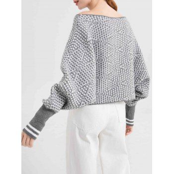 Geometric Striped Knitted Sweater Scoop Neck Batwing Sleeve Sweater