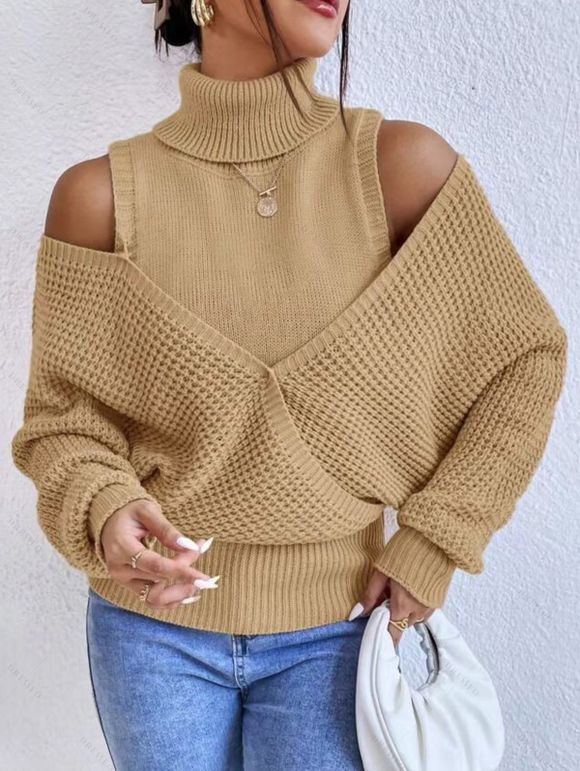 Pull tricoté de couleur unie, col roulé, épaules dénudées, pull surplis - Bronze L | US 8