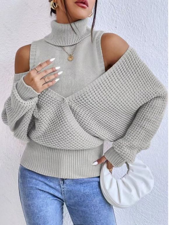 Pull tricoté de couleur unie, col roulé, épaules dénudées, pull surplis - Gris Clair M | US 6