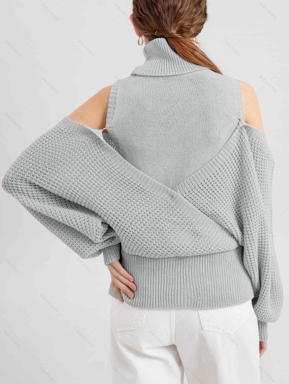 Pull tricoté de couleur unie, col roulé, épaules dénudées, pull surplis - Gris Clair L | US 8