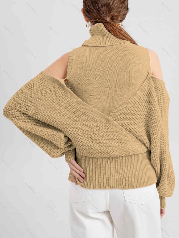 Pull tricoté de couleur unie, col roulé, épaules dénudées, pull surplis - Bronze S | US 4