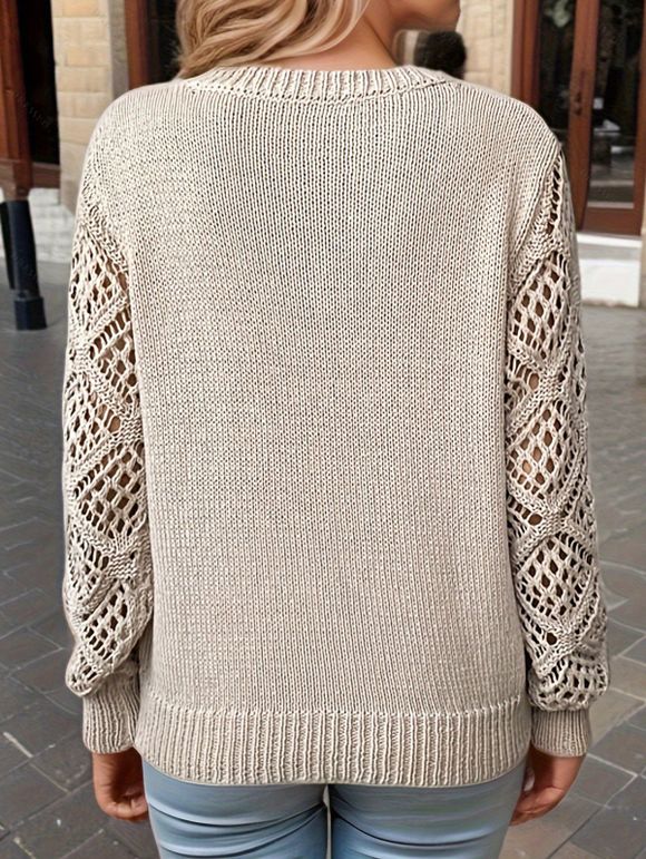 Pull tricoté de couleur unie à manches longues et col en V ajouré - café lumière S | US 4