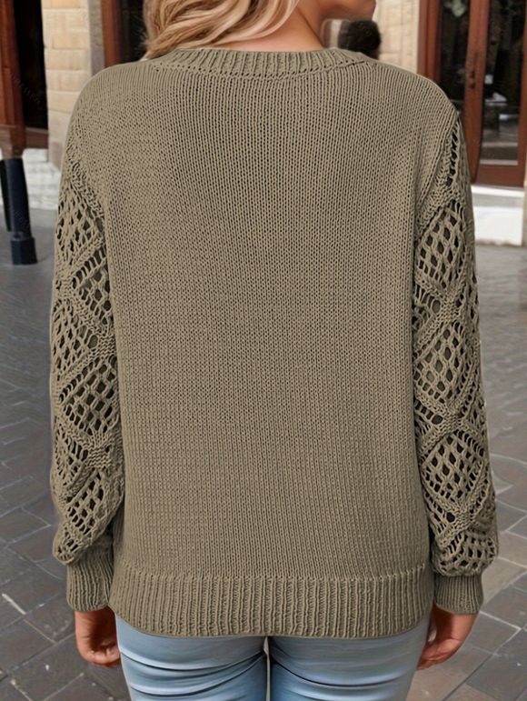 Pull tricoté de couleur unie à manches longues et col en V ajouré - Vert Armée S | US 4