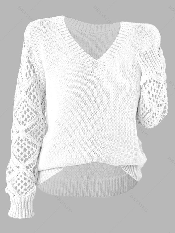 Pull tricoté de couleur unie à manches longues et col en V ajouré - Blanc L | US 8