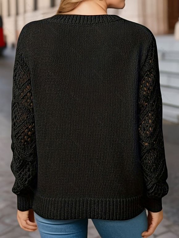 Pull tricoté de couleur unie à manches longues et col en V ajouré - Noir XL | US 10