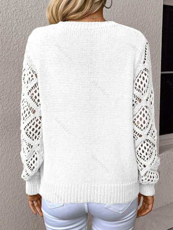 Pull tricoté de couleur unie à manches longues et col en V ajouré - Blanc L | US 8