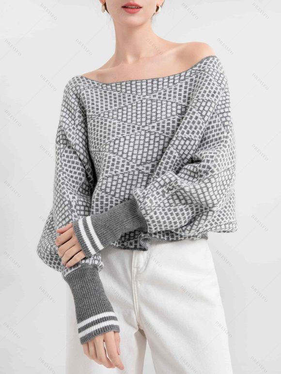 Pull tricoté à rayures géométriques, col rond, manches chauve-souris - Gris Clair S | US 4