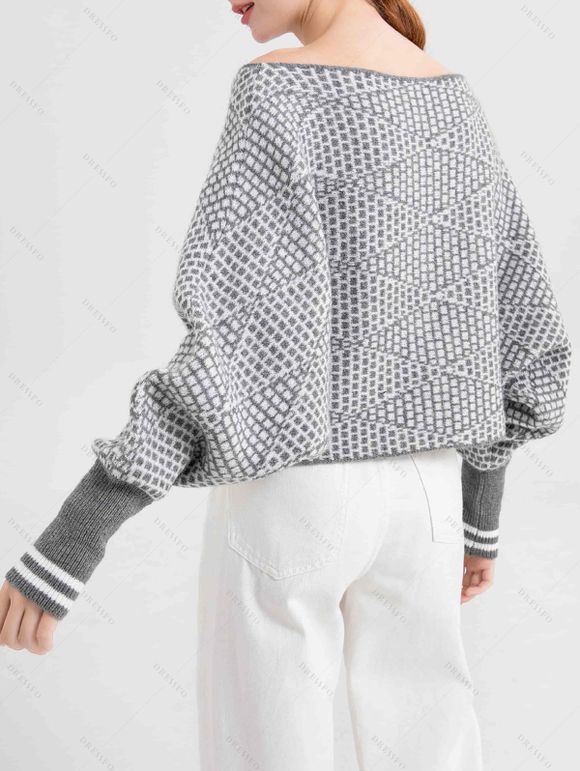 Pull tricoté à rayures géométriques, col rond, manches chauve-souris - Gris Clair S | US 4