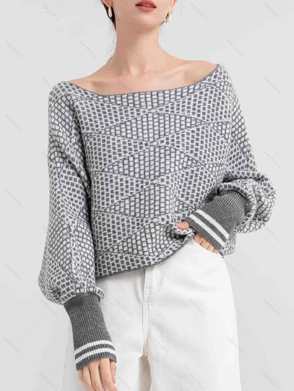 Pull tricoté à rayures géométriques, col rond, manches chauve-souris - Gris Clair S | US 4