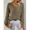 Pull tricoté de couleur unie à manches longues et col en V ajouré - Vert Armée L | US 8