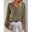 Pull tricoté de couleur unie à manches longues et col en V ajouré - Vert Armée L | US 8