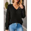 Pull tricoté de couleur unie à manches longues et col en V ajouré - Noir XL | US 10