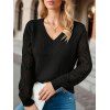 Pull tricoté de couleur unie à manches longues et col en V ajouré - Noir XL | US 10