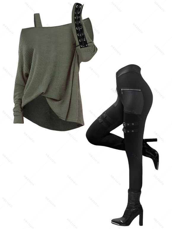 Women Outfit Solid Color Textured Skew Neck Top and Zipper Buckle Leggings Set - Vert Armée S | US 4