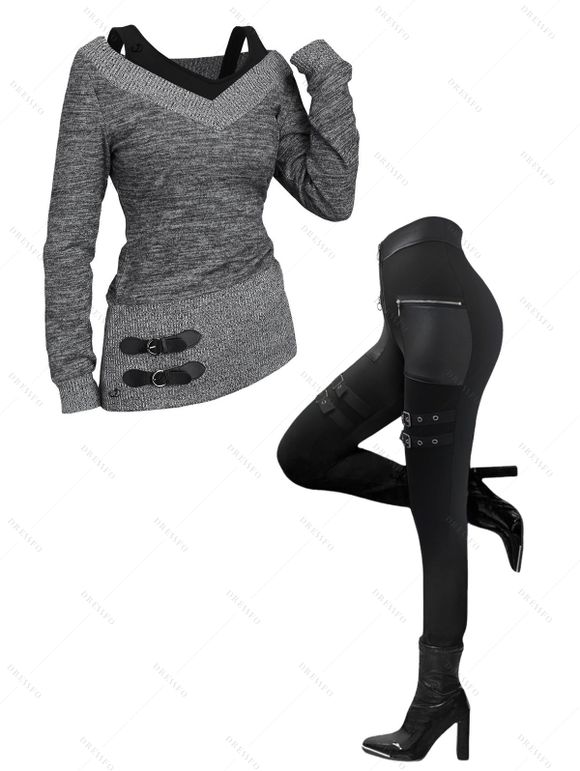 Women Outfit Textured Heather Faux Twinset Top and Zipper Buckle Leggings Set - Gris S | US 4