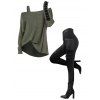 Women Outfit Solid Color Textured Skew Neck Top and Zipper Buckle Leggings Set - Vert Armée S | US 4