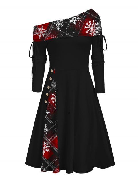 Robe de Noël à carreaux, imprimé flocon de neige, cintrée, col oblique, manches longues