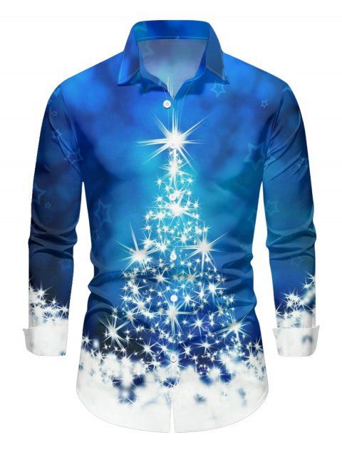 Men's Holiday Shirt Christmas Tree Snowflake Star Print Button Up Shirt