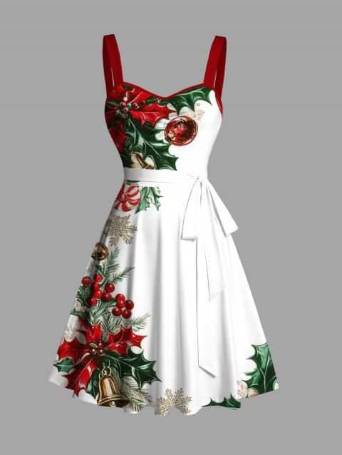 Robe de vacances à imprimé sapin de Noël, flocon de neige, cloche, ceinture froncée