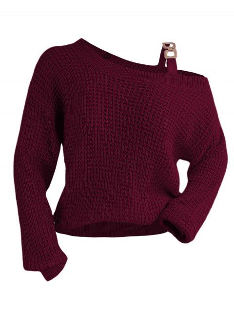 Solid Color Textured Skew Neck Sweater Metal Buckle Knitted Sweater