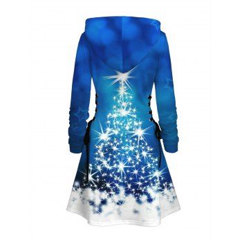Holiday Hoodie Dress Christmas Tree Snowflake Star Print Lace Up Hooded Dress