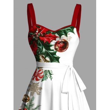 Holiday Dress Christmas Tree Snowflake Bell Print Ruched Belt Dress