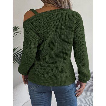 Solid Color Textured Skew Neck Sweater Metal Buckle Knitted Sweater