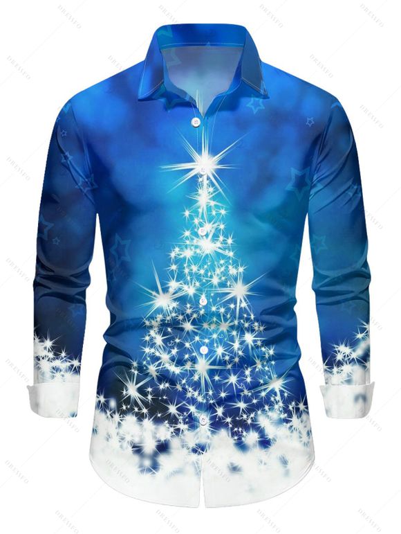 Chemise de vacances pour homme, imprimé sapin de Noël, flocon de neige, étoile, boutonnée - Bleu S