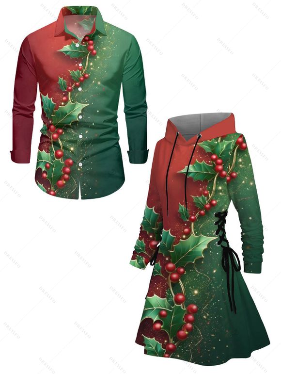 Holiday Couple Outfit Christmas Tree Print Lace Up Hoodie Dress and Shirt Set - multicolor A S | US 4