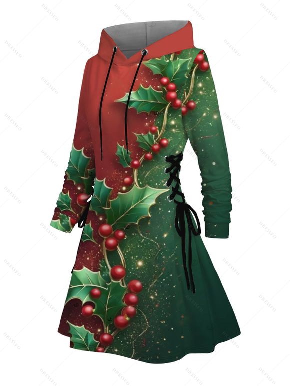 Holiday Couple Outfit Christmas Tree Print Lace Up Hoodie Dress and Shirt Set - multicolor A S | US 4
