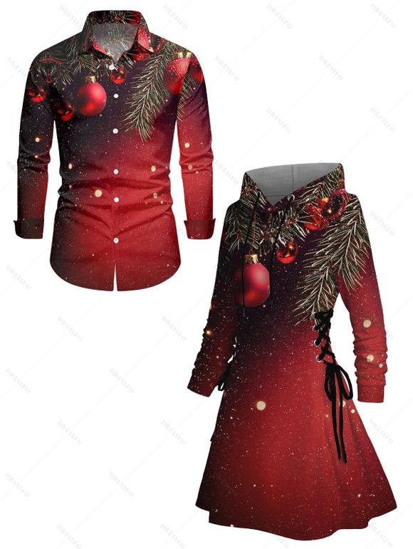 Couple Outfit Christmas Tree Bell Print Lace Up Hoodie Dress and Shirt Set - Rouge foncé S | US 4