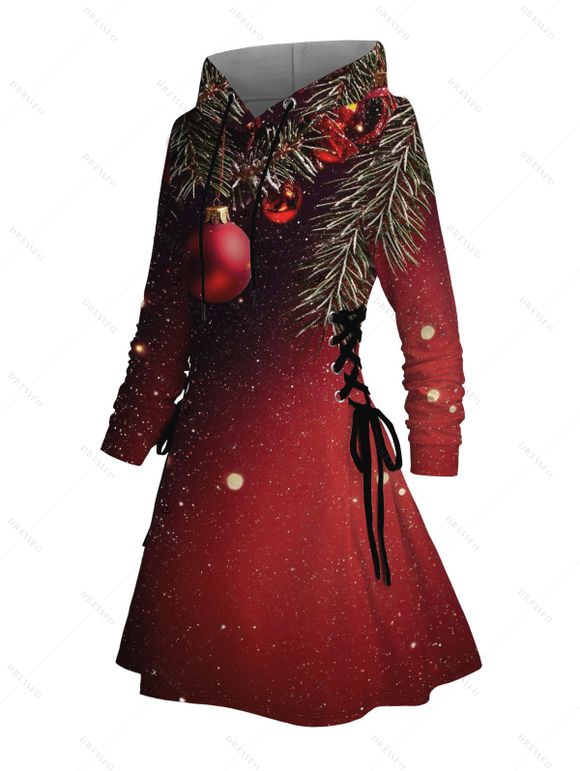 Couple Outfit Christmas Tree Bell Print Lace Up Hoodie Dress and Shirt Set - Rouge foncé S | US 4