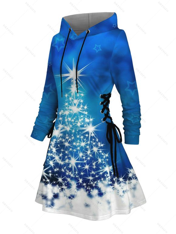 Robe à capuche de vacances, imprimé sapin de Noël, flocon de neige, étoile, robe à capuche à lacets - Bleu S | US 4