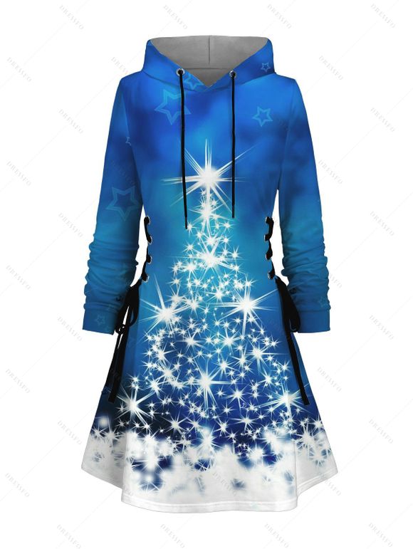 Robe à capuche de vacances, imprimé sapin de Noël, flocon de neige, étoile, robe à capuche à lacets - Bleu M | US 6