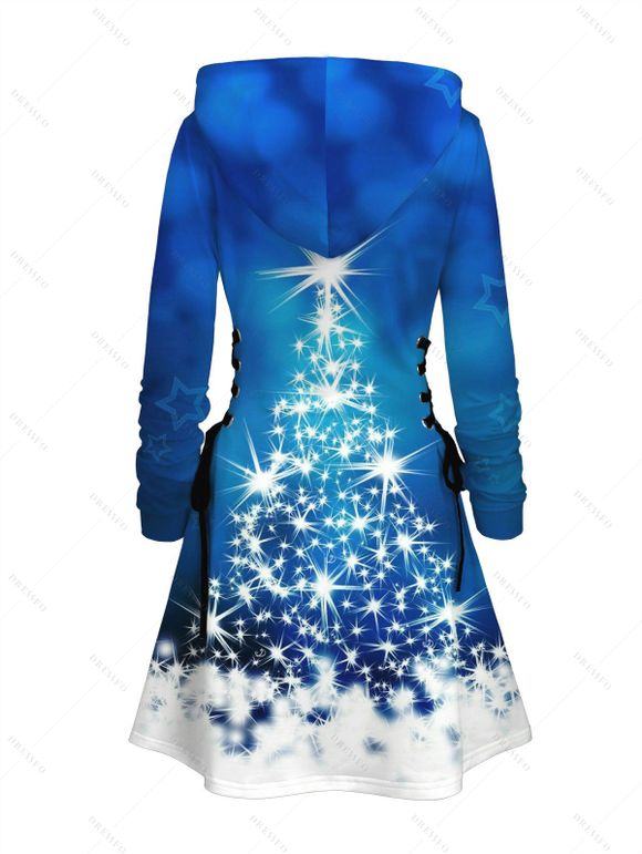 Robe à capuche de vacances, imprimé sapin de Noël, flocon de neige, étoile, robe à capuche à lacets - Bleu M | US 6