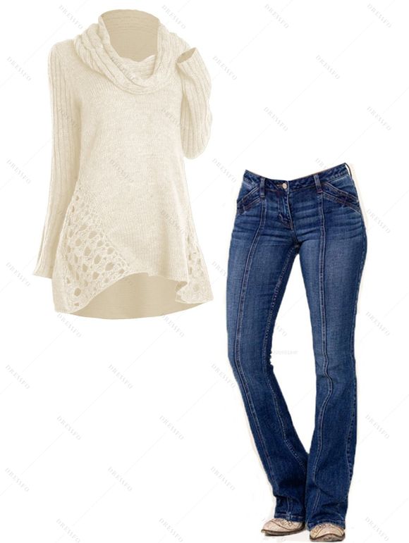 Winter Outfit Hollow Out Cowl Neck Long Sweater Topstitching Flare Jeans Set - café lumière S | US 4