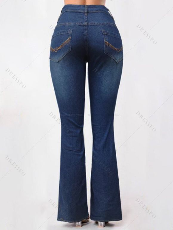 Winter Outfit Hollow Out Cowl Neck Long Sweater Topstitching Flare Jeans Set - café lumière S | US 4