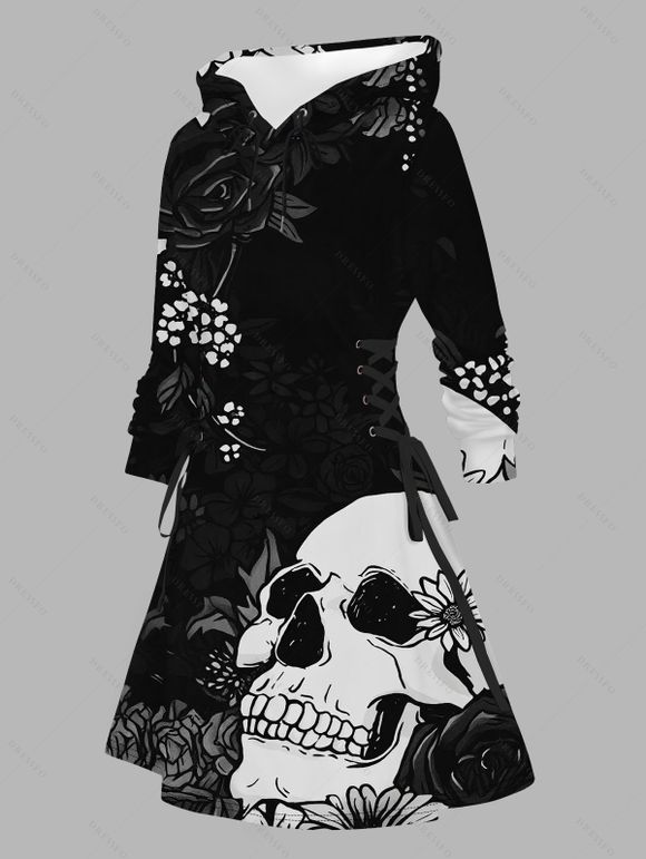 Robe à capuche gothique d'Halloween à lacets et imprimé tête de mort et roses - Noir S | US 4