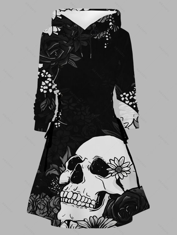 Robe à capuche gothique d'Halloween à lacets et imprimé tête de mort et roses - Noir XXXXXL | US 20