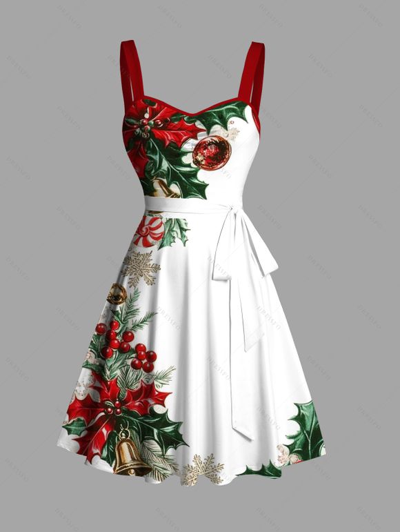 Robe de vacances à imprimé sapin de Noël, flocon de neige, cloche, ceinture froncée - Rouge Vineux S | US 4