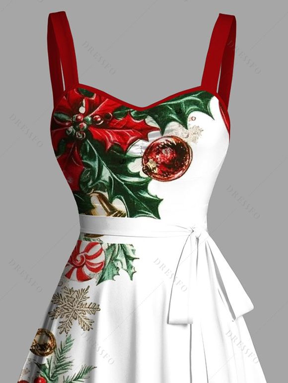 Robe de vacances à imprimé sapin de Noël, flocon de neige, cloche, ceinture froncée - Rouge Vineux M | US 6