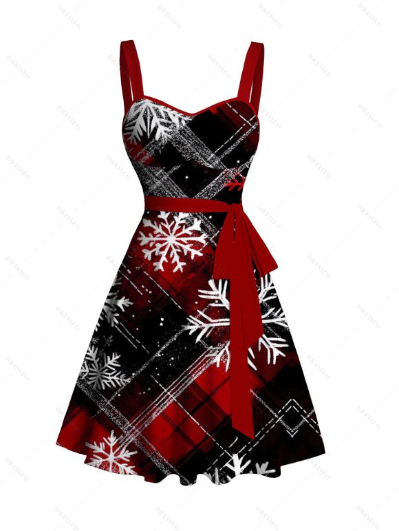 Robe de Noël à carreaux, imprimé flocon de neige, mini-robe froncée avec ceinture - Rouge S | US 4