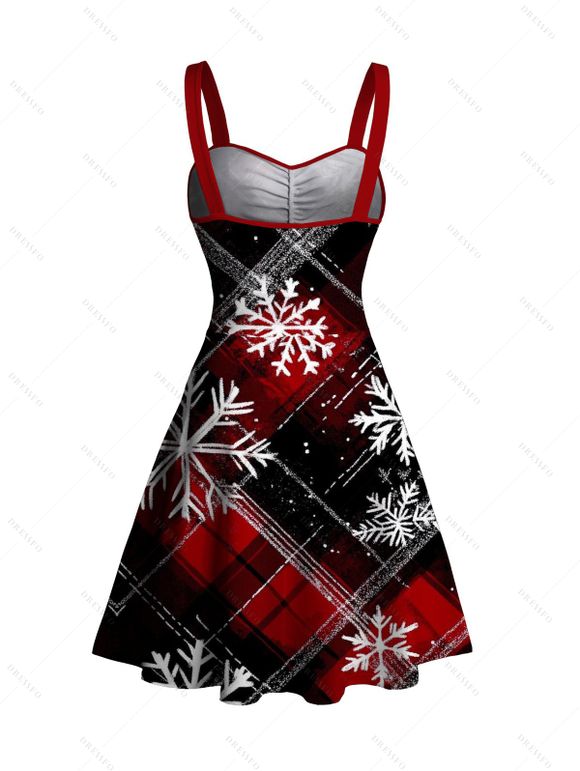 Robe de Noël à carreaux, imprimé flocon de neige, mini-robe froncée avec ceinture - Rouge XXXXXL | US 20