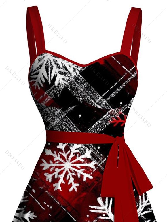 Robe de Noël à carreaux, imprimé flocon de neige, mini-robe froncée avec ceinture - Rouge XXXXXL | US 20