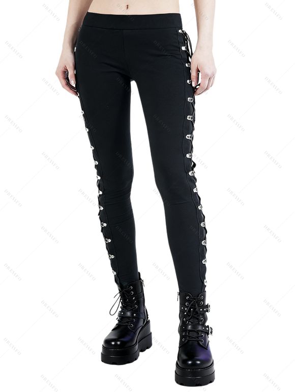 Leggings gothiques taille haute élastiques à lacets de couleur unie - Noir S | US 4