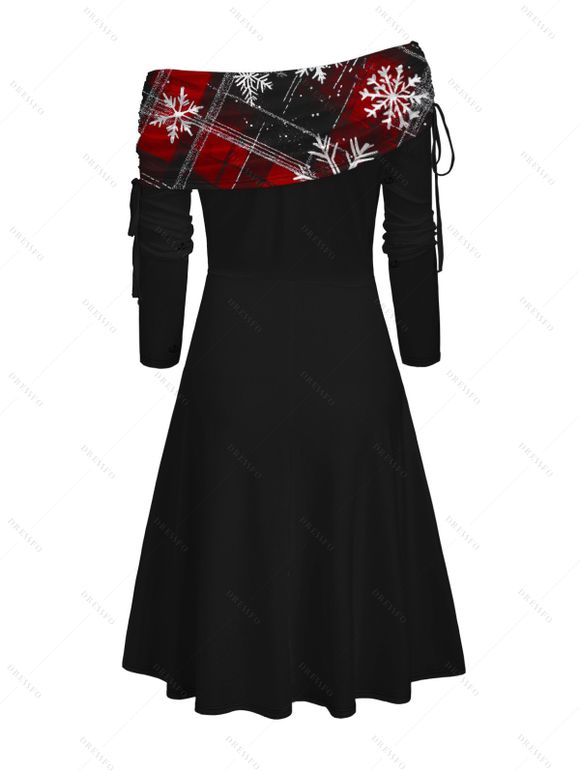 Robe de Noël à carreaux, imprimé flocon de neige, cintrée, col oblique, manches longues - Noir XXXXL | US 18