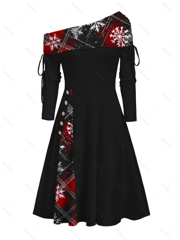Robe de Noël à carreaux, imprimé flocon de neige, cintrée, col oblique, manches longues - Noir XXXXL | US 18