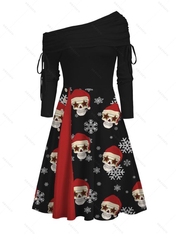 Robe de Noël à imprimé tête de mort et chapeau, col montant et manches longues, imprimé flocon de neige - Noir XXXXL | US 18