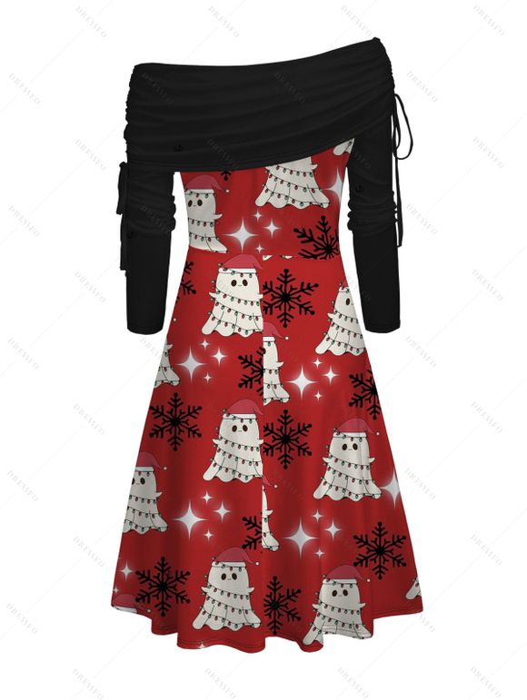 Robe de Noël bonhomme de neige avec chapeau imprimé flocon de neige robe cintrée à col oblique à manches longues - Rouge XXXL | US 16